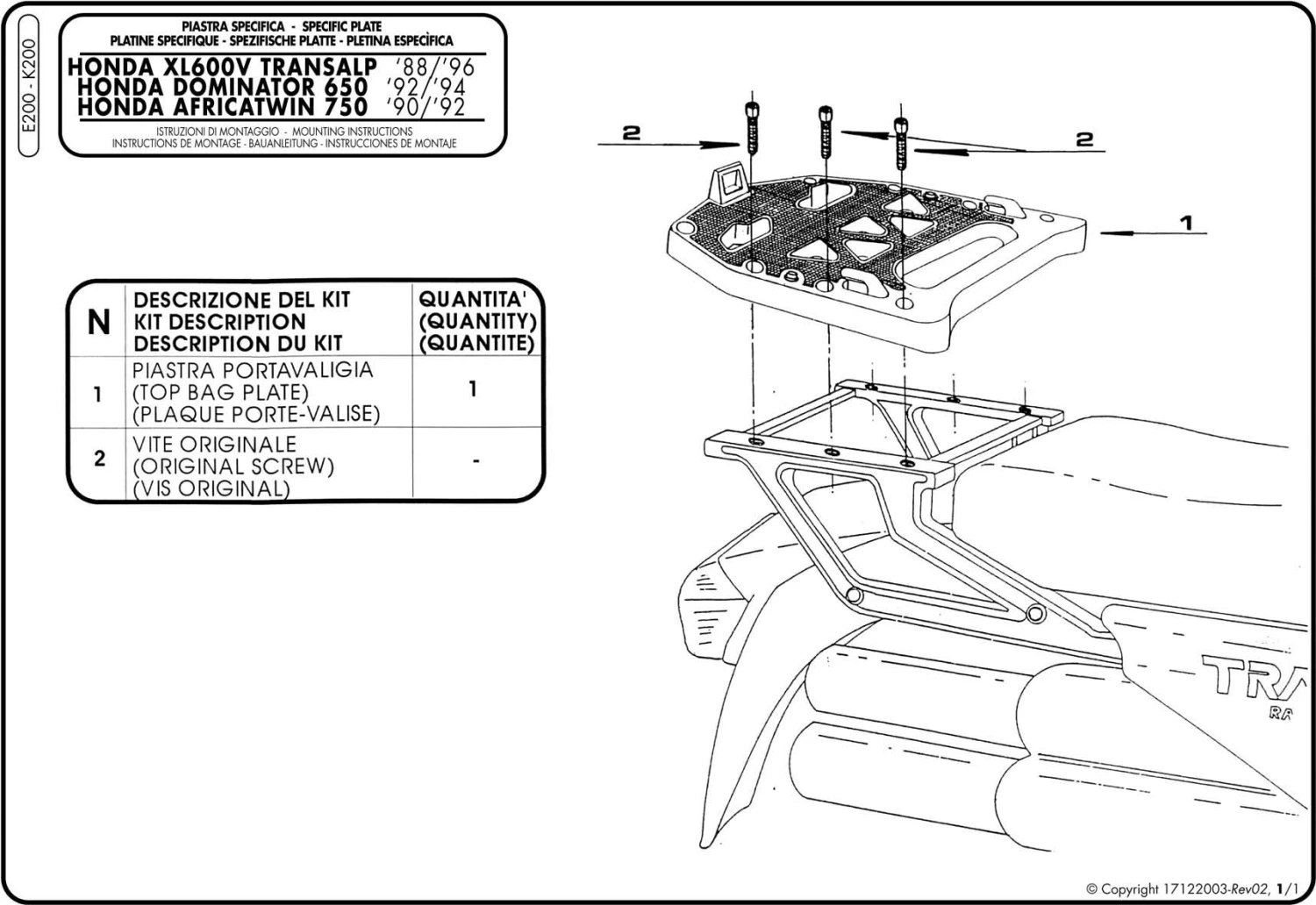 Givi E200 Top Box Adapter Plate Monokey For Honda XL600V Transalp '89-'93 2 Givi E200 Top Box Adapter Plate Monokey For Honda XL600V Transalp '89-'93 - Image 2